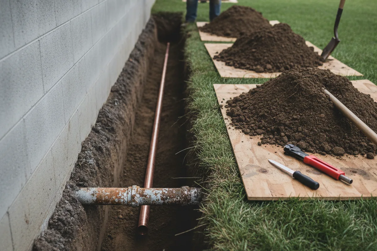 Excavated water line trench during Water Heater Repair in Reardan